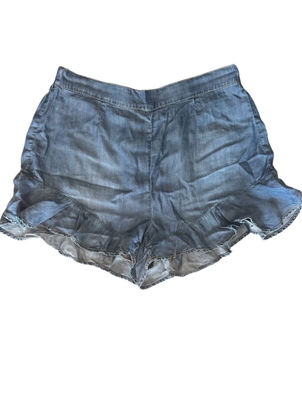 Sneak Peak High Rise Ruffle Hem Elastic Waist Lyocell Soft Denim Shorts